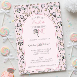 Pink Candy First 1st Birthday Photo Invitation