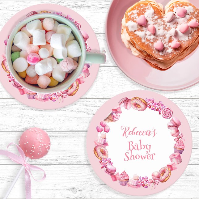 Pink Candy Frame Girl Baby Shower Round Paper Coaster (Pink Candy and Treats Frame Girl Baby Shower Paper Coaster)