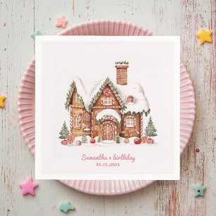 "Pink Candy Gingerbread House Birthday Napkin