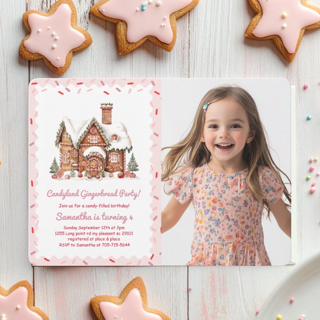 "Pink Candy Gingerbread House Birthday Photo  Invitation (Creator Uploaded)