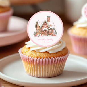 "Pink Candy Gingerbread House Birthday Sticker" Classic Round Sticker
