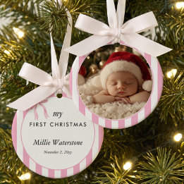 Pink Candy Stripe Baby First Christmas Photo Ceramic Ornament