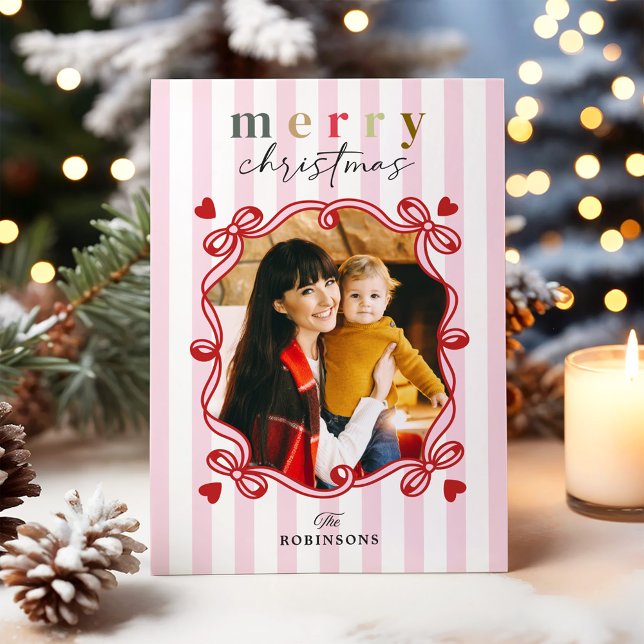 Pink Candy Stripes Merry Christmas Photo Holiday Card (Creator Uploaded)