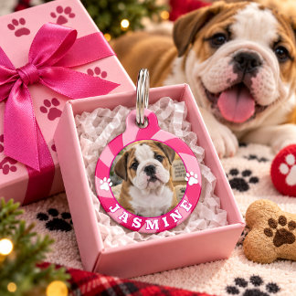 Pink Candy Swirl Custom Pet Photo Name & Phone Tag