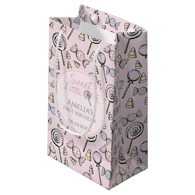 Pink Candy Theme 1st Birthday Small Gift Bag (Front Angled)