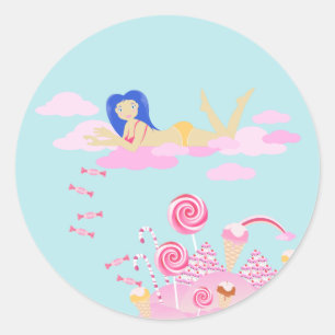 Pink candy world cake for birthday party classic round sticker