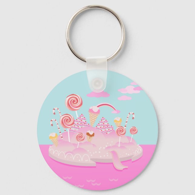 Pink candy world cake for birthday party key ring (Front)