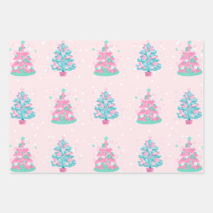 Pink Candyland Christmas Trees Pattern Wrapping Paper Sheet