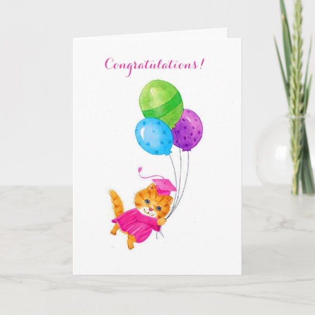 Pink cap cat graduation customisable card (Front)
