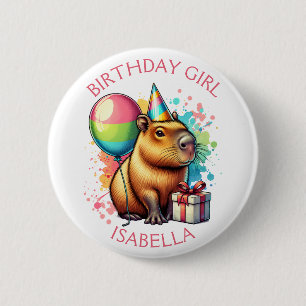 Pink Capybara Themed Birthday Girl Personalised 6 Cm Round Badge