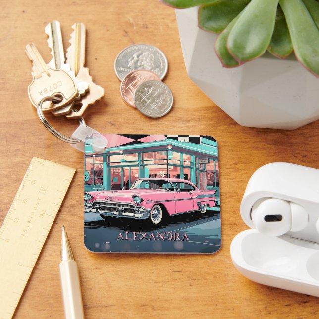 Pink Car 1950s Diner Retro Mid‑Century Custom Key Ring (Desk)