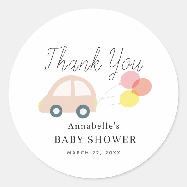 Pink Car Balloons White Girl Baby Shower Classic Round Sticker (Front)