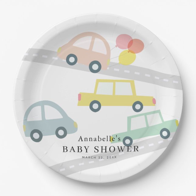 Pink Car Balloons White Girl Baby Shower Paper Plate (Front)