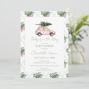 Pink Car Christmas Tree Baby Shower Invitation