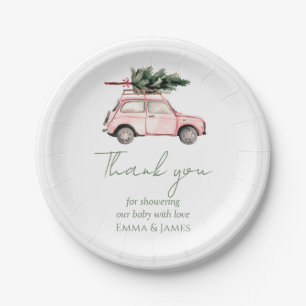Pink Car Christmas Watercolor Holiday Paper Plates