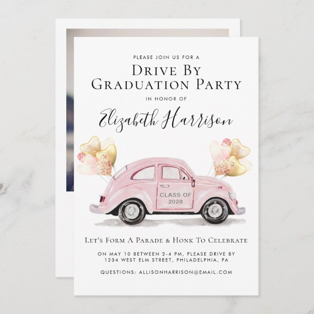 Pink Car Graduation Drive By Party Invitation (Front/Back)