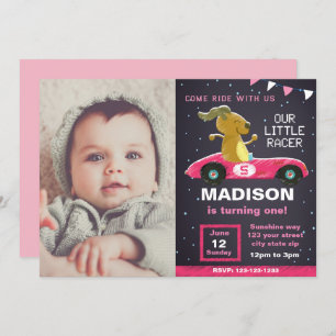 Pink Car Racer Birthday Invitation with Photo