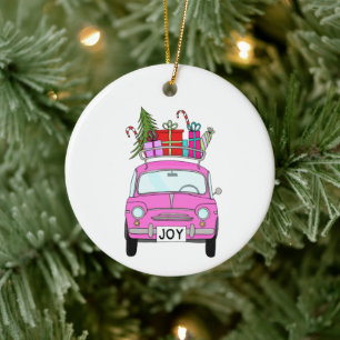 Pink Car with Christmas Gifts Ceramic Ornament