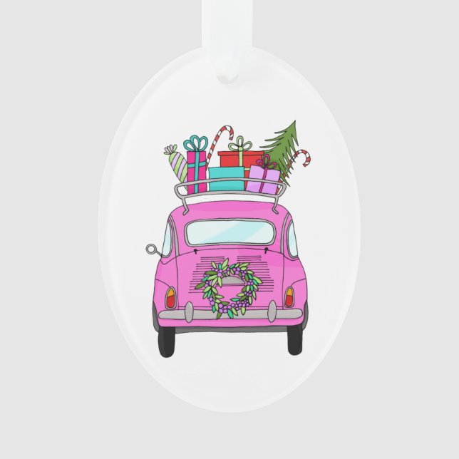Pink Car with Christmas Gifts Ornament (Front)
