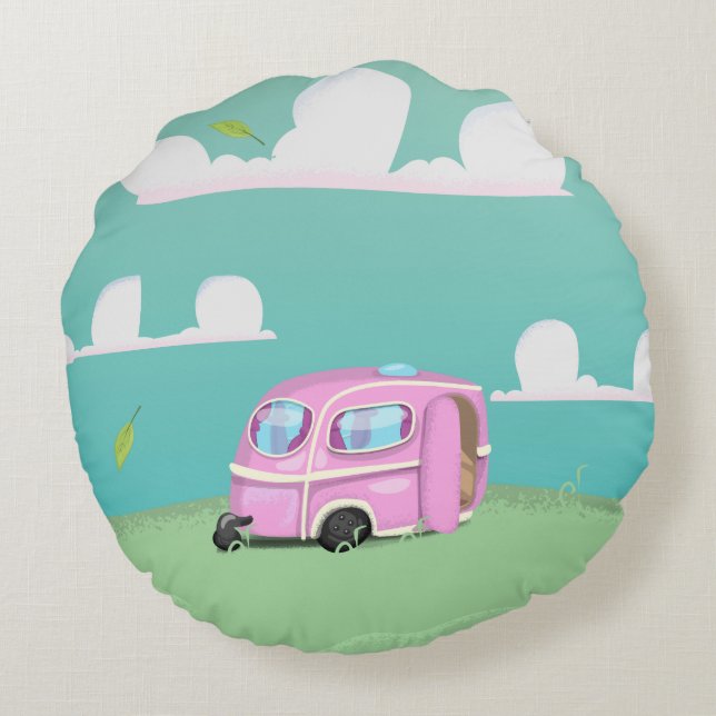 Pink Caravan Trailer Round Cushion (Back)
