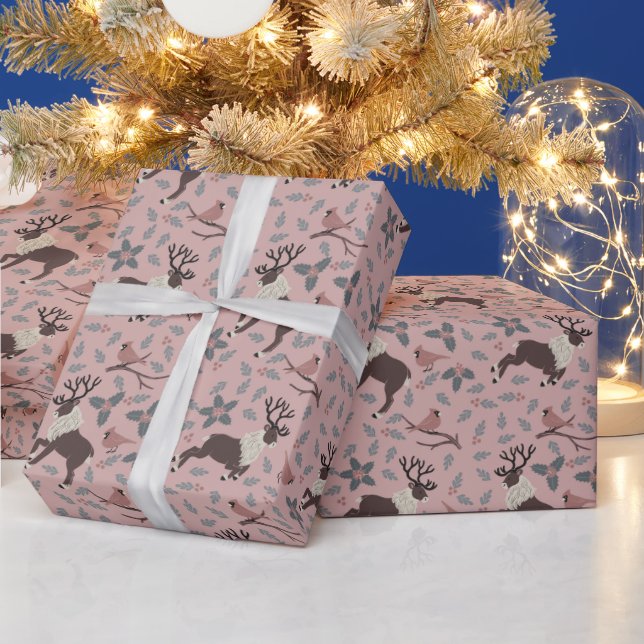 Pink Cardinals & Reindeer Wrapping Paper (Holidays)