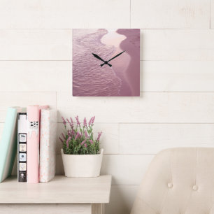 Pink Caribbean Shoreline Waves 1 Square Wall Clock