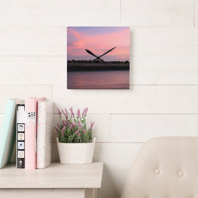 Pink Caribbean Sunset Over Calm Sea 1 Square Wall Clock (Reading Room)