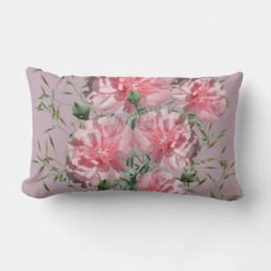 Pink Carnation and Foliage Medium Pink Background Lumbar Cushion