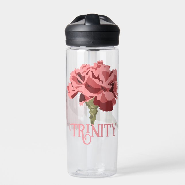 Pink Carnation Flower Personalised Water Bottle (Front)