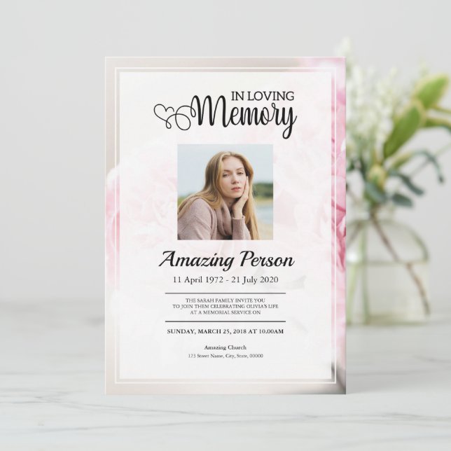 Pink carnation Funeral order of service Invitation (Standing Front)