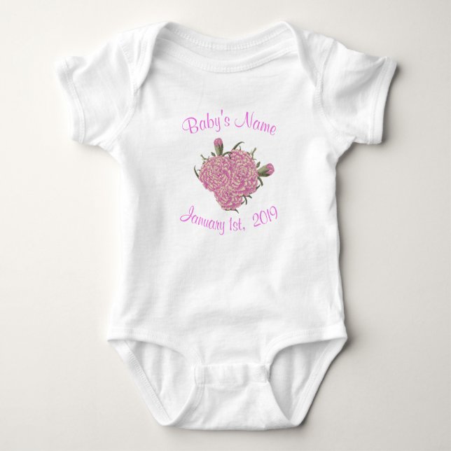 Pink Carnation personalised birth flower Baby Bodysuit (Front)