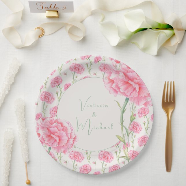Pink Carnation Personalised Wedding  Paper Plate (Wedding)