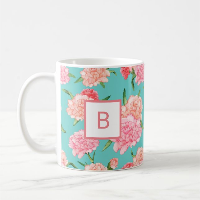Pink Carnation Print Monogram Coffee Mug (Left)