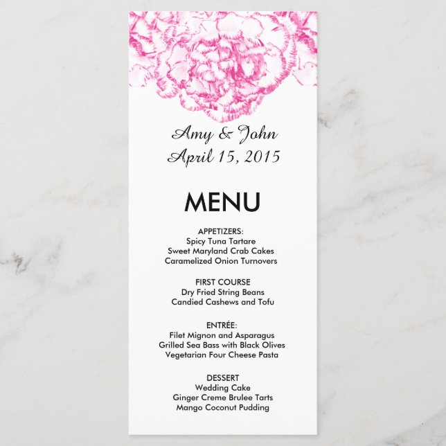 Pink carnation wedding menu carnation1 (Front)