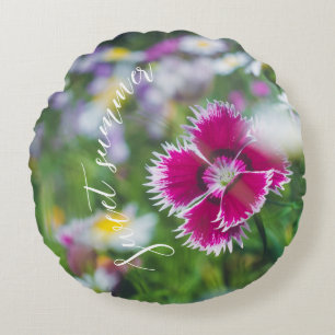 Pink carnation with daisies round cushion