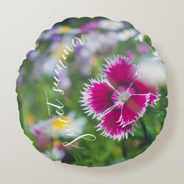 Pink carnation with daisies round cushion (Front)