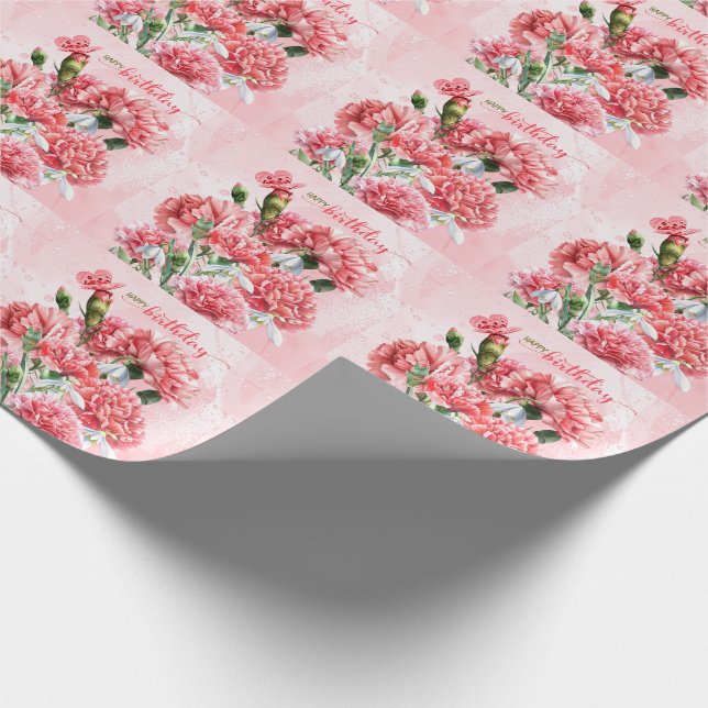 Pink Carnations and Butterflies Happy Birthday Wrapping Paper (Corner)