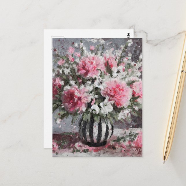 Pink Carnations Flower Arrangement Painting Postcard (Front/Back In Situ)