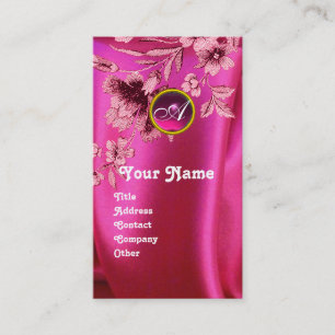 PINK CARNATIONS FUCHSIA SILK CLOTH, GEM MONOGRAM BUSINESS CARD