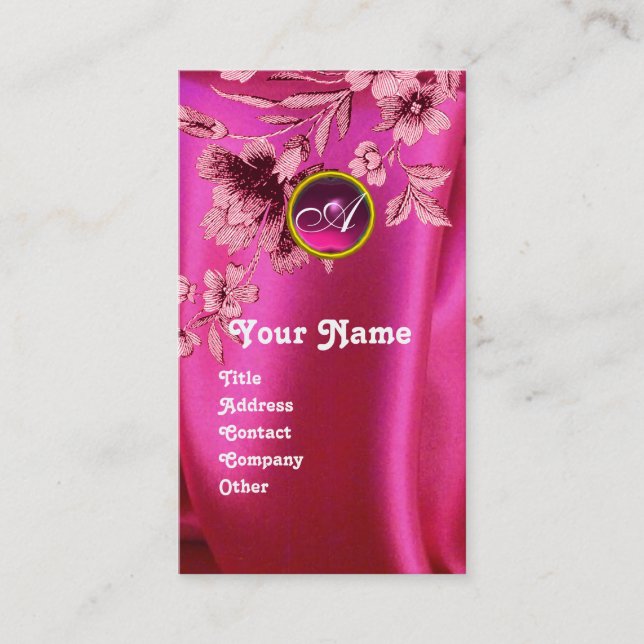 PINK CARNATIONS FUCHSIA SILK CLOTH, GEM MONOGRAM BUSINESS CARD (Front)