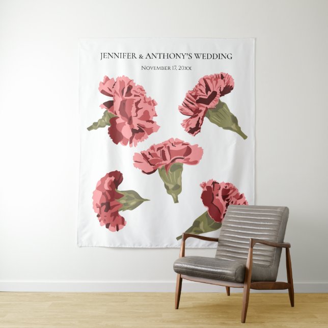 Pink Carnations Luxe Modern Floral Wedding Tapestry (In Situ)
