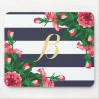 Pink Carnations & Navy Blue Stripes Monogram