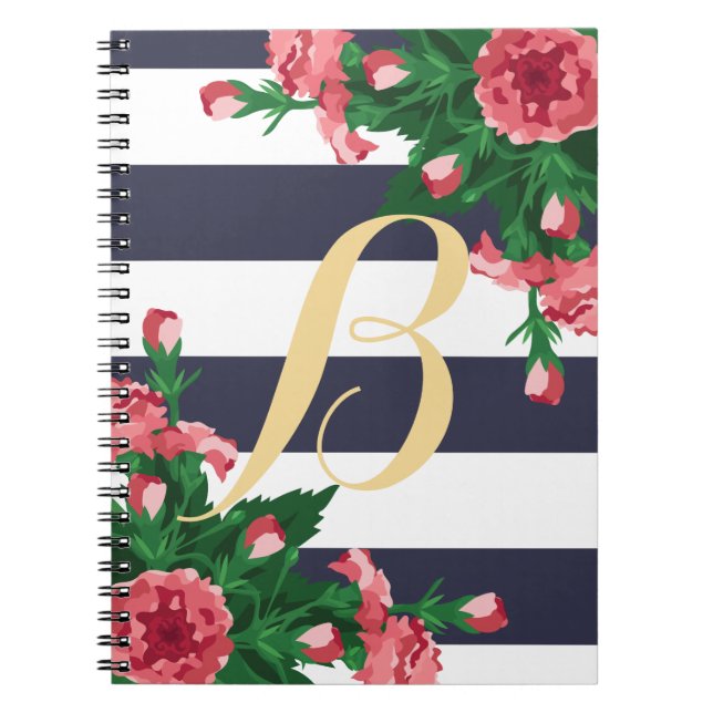 Pink Carnations & Navy Blue Stripes Monogram Notebook (Front)