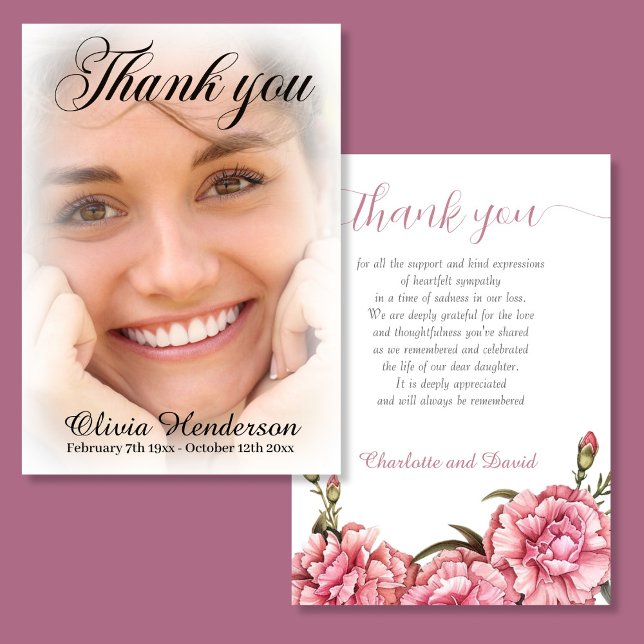 Pink Carnations Soft White Photo Memorial Thank Yo Thank You Card (Creator Uploaded)