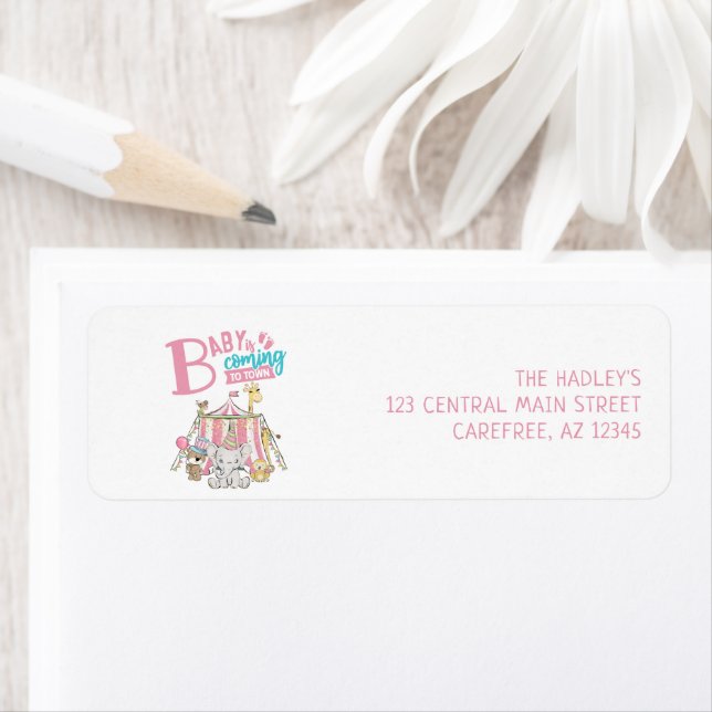 Pink Carnival Circus Baby Shower Return Address Label (Insitu)
