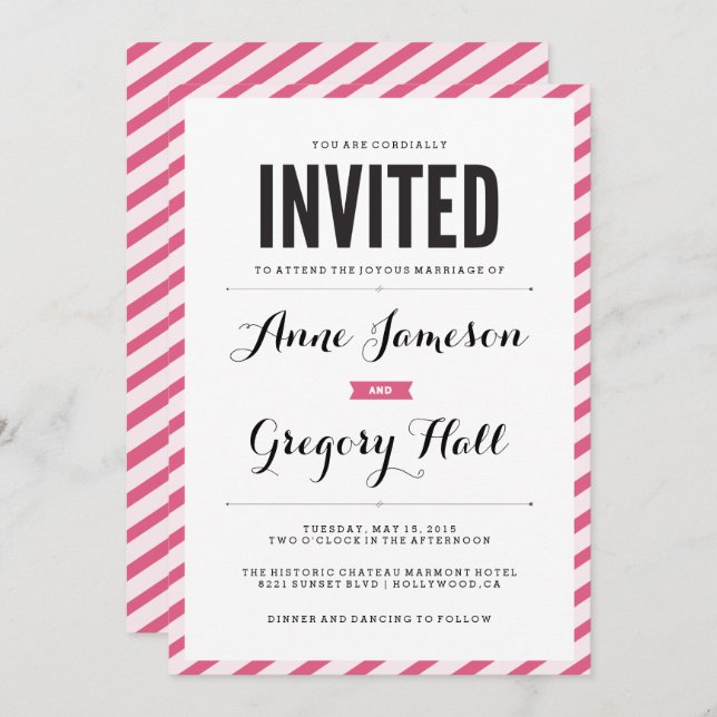 Pink Carnival Stripes Modern Wedding Invitation (Front/Back)