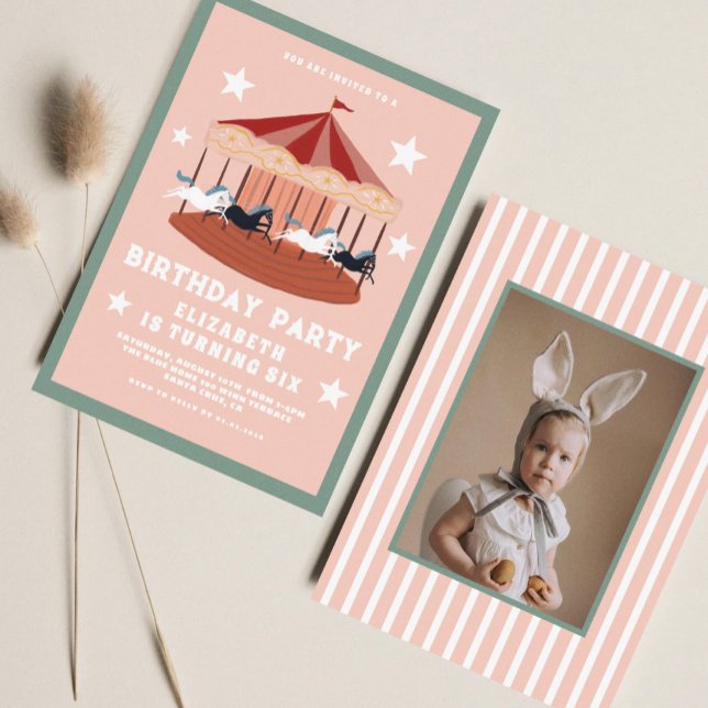 Pink Carousel Circus Photo Girl Birthday  Invitation (Creator Uploaded)