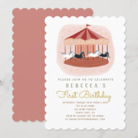 Pink Carousel First Birthday Invitation