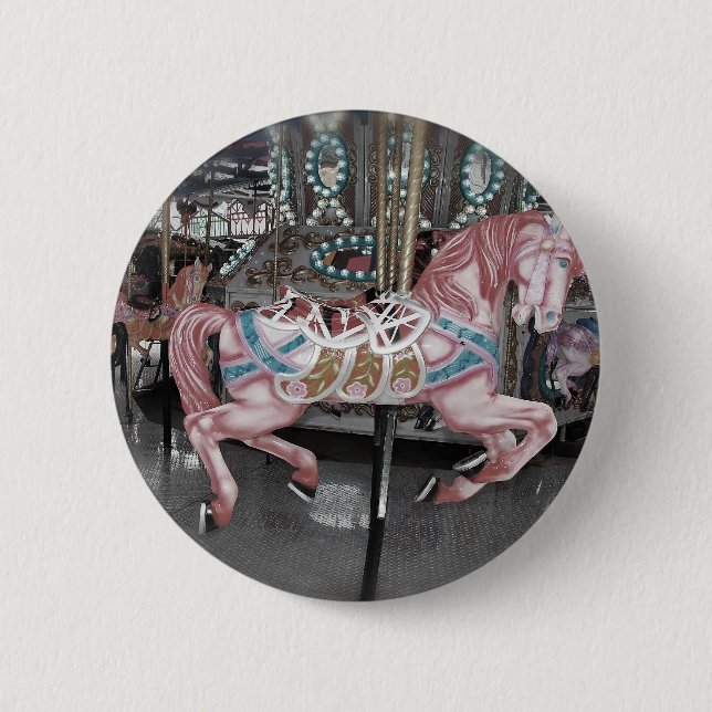 Pink carousel horse 6 cm round badge (Front)