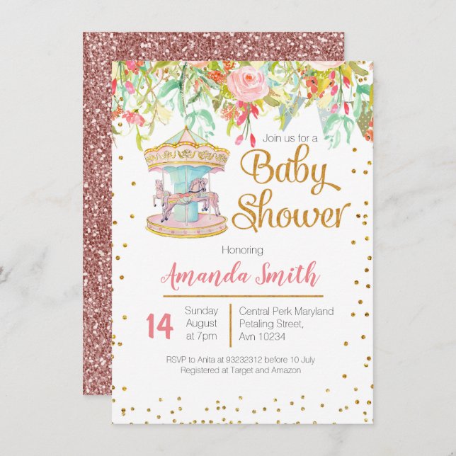 Pink Carousel Horse Baby Shower Card (Front/Back)